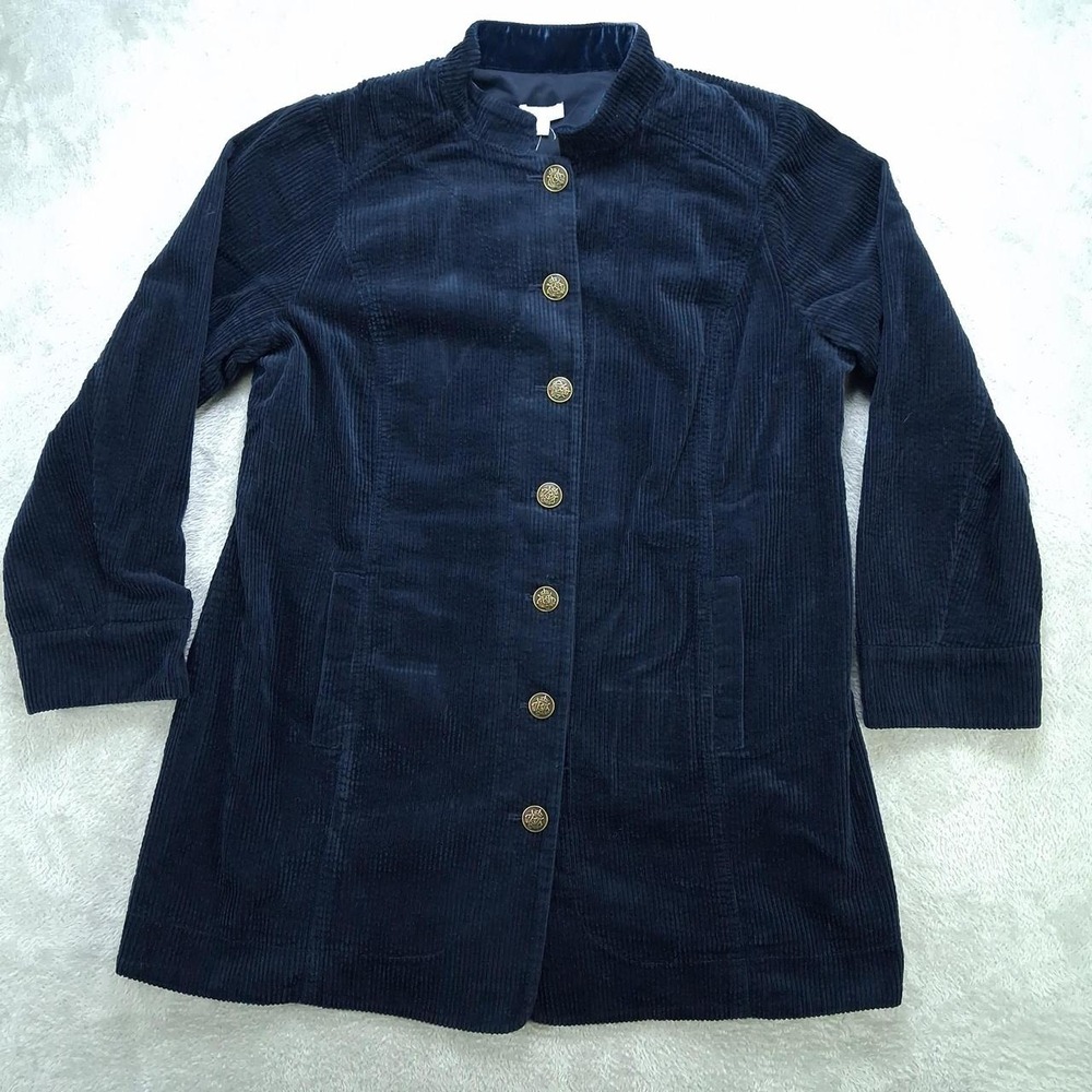 J. Jill Navy Blue Corduroy Long Jacket Coat Gold Buttons Large Petite NWT